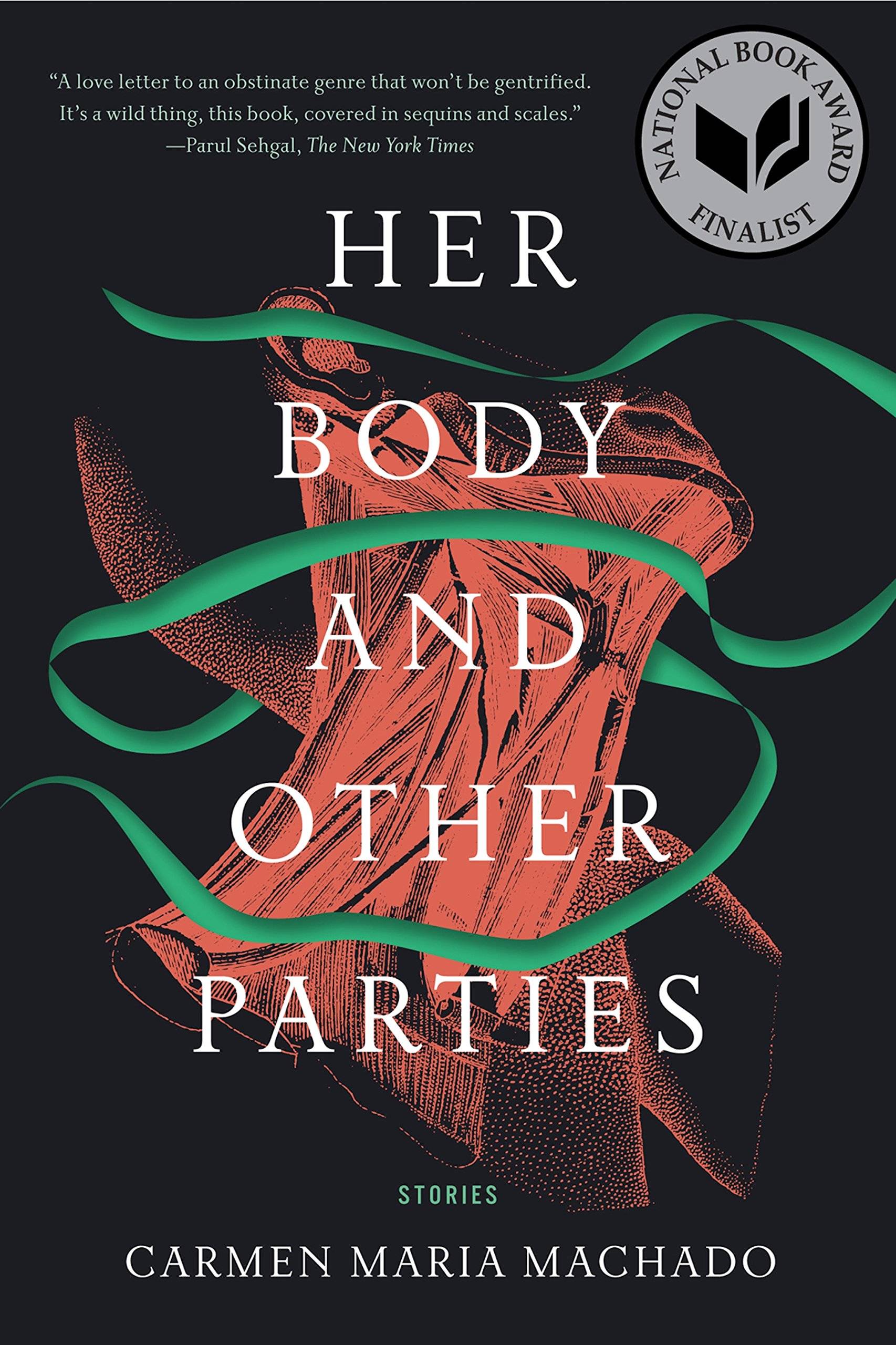 "her body and other parties" cover featuring an illustration of a neck stretched so that all of the ligaments and tendons are prominent with a green ribbon lightly wrapped around it.